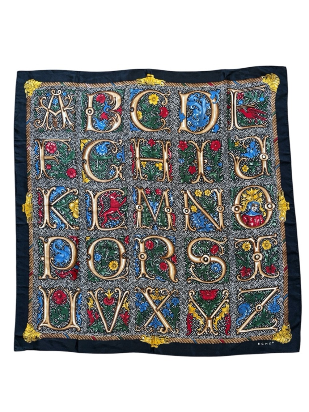 Vintage Echo Silk Polka Dot Alphabet Floral Square Scarf 31” x 31”